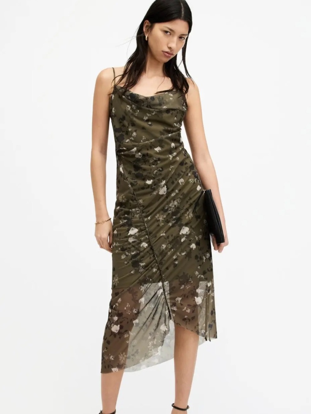 All Saints Ulla Mesh Draped Kira Midi Dress